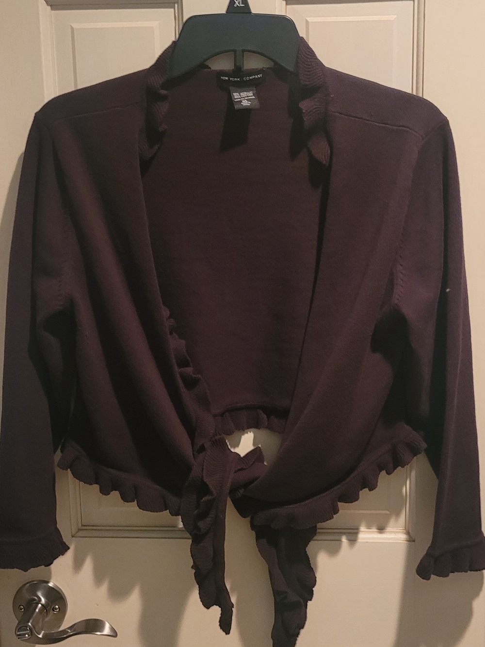 New York & Company Plum Tie-Front Ruffle Hem Cardigan